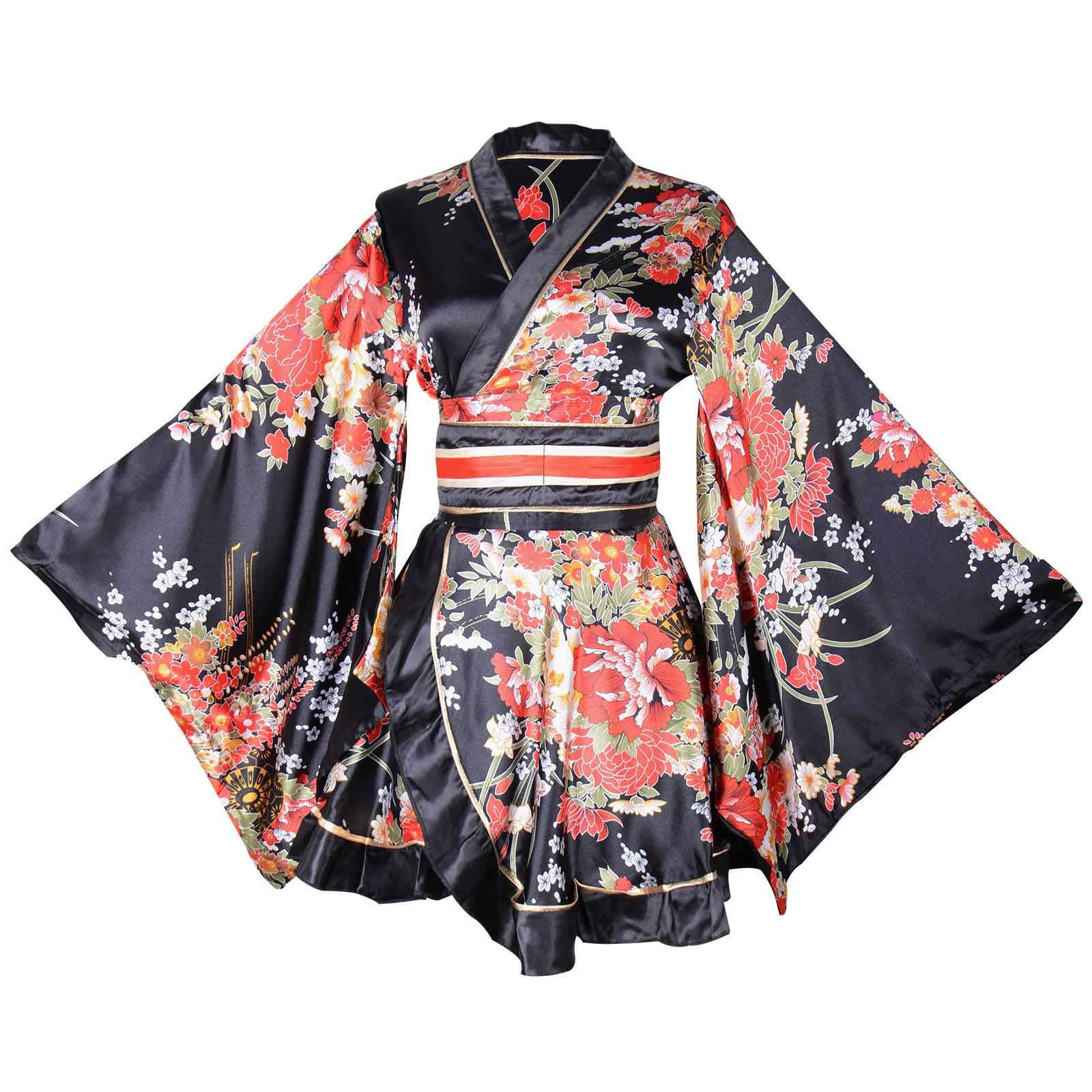 Wraith of East Kimono-Kostüm für Erwachsene, japanisches Geisha-Yukata-Blumenmuster, Bademantel, Nachtwäsche mit Obi-Gürtel, Schwarz, Einheitsgröße