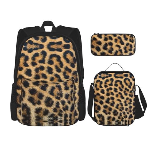 WURTON Rucksack mit Leopardenmuster, 3-in-1, Büchertaschen-Set, Lunchbox, Federmäppchen, Reise-Laptop-Tagesrucksäcke, Schwarz, Einheitsgröße