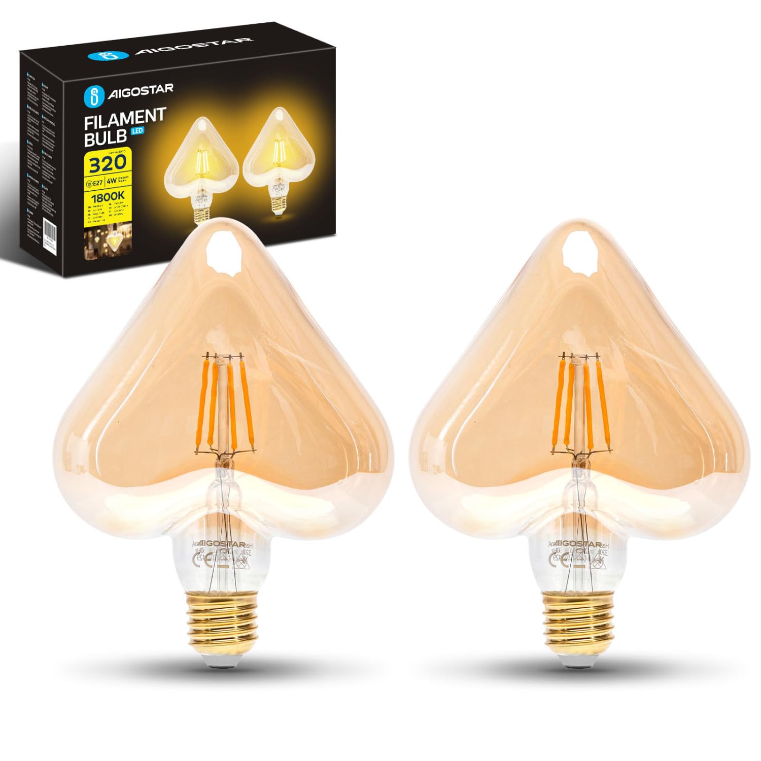 Aigostar LED Glühbirne E27 4W, Warmweißes Licht 1800K, 320 Lumen, Dekorativ Umgedrehtes Herz, Vintage Glühbirne im Edison-Stil Mit Filament, Bernsteinfarben, Nicht Dimmbar, Packung Mit 2 Stück