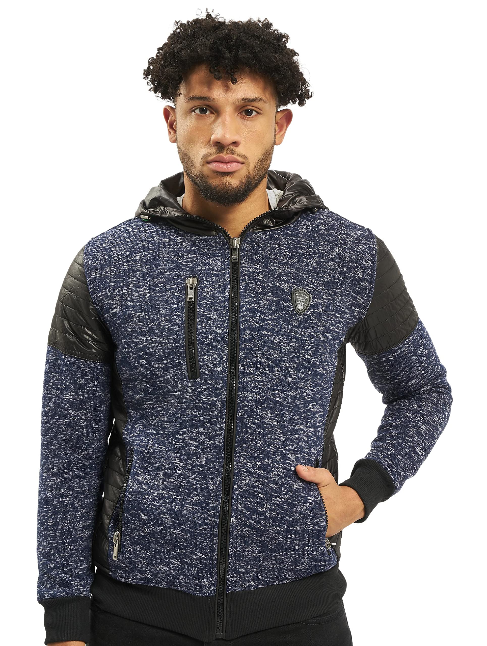 Cipo & Baxx Herren Sweatjacke Übergangsjacke Pullover Sweater Jacke Kunstleder Dunkelblau M