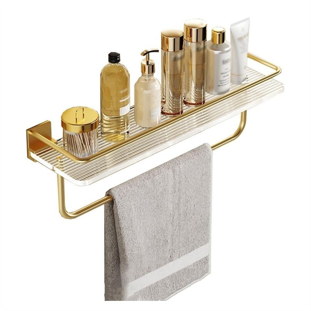 Badezimmerregal für Bad und Küche Duschregal mit Handtuchhalter for Badezimmer mit Dusche, wandmontiertes Duschregal aus Acryl mit goldenem Zaun, moderner Dusch-Organizer aus Aluminium Duschablage(30c