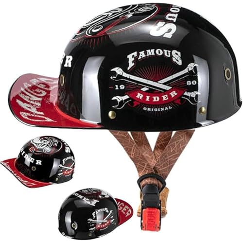 BYFHHHH Vintage Retro Motorradhelm Mit Offenem Gesicht, Baseballkappe, Halbhelme Mit Herunterziehbarer Linse, ECE-Zertifiziert Für Männer Frauen, Mopedkappe, Jet-Scooter, Street Cruiser C,XXL=63~64CM