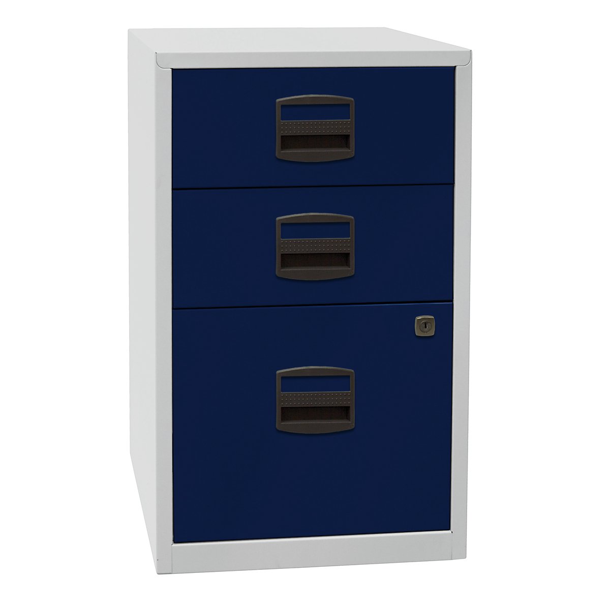 Bisley Home Beistellschrank PFA, 2 Universalschubladen, 1 HR-Schublade, Metall, 505 Korpus Lichtgrau, Fronten Oxfordblau, 40 x 41.3 x 67.2 cm