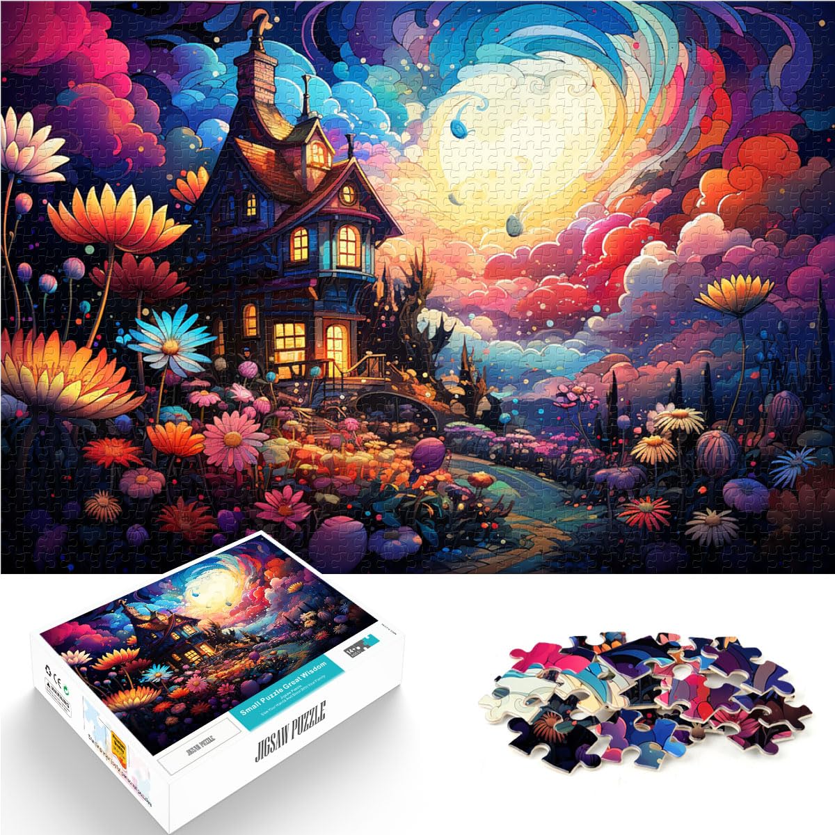 Puzzle, farbenfrohes psychedelisches Blumenhaus-Puzzle, 1000 Teile für Erwachsene, Holzpuzzle, lustiges Familienpuzzle, 1000 Teile (50 x 75 cm)