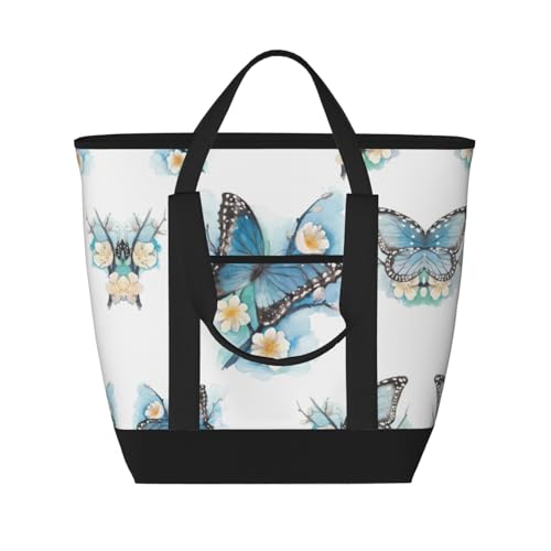 YQxwJL Einkaufstasche mit blauem Schmetterling auf Blüten, großes Fassungsvermögen, isolierte Lunchtasche, wiederverwendbare Einkaufstasche mit Reißverschluss für Damen und Herren