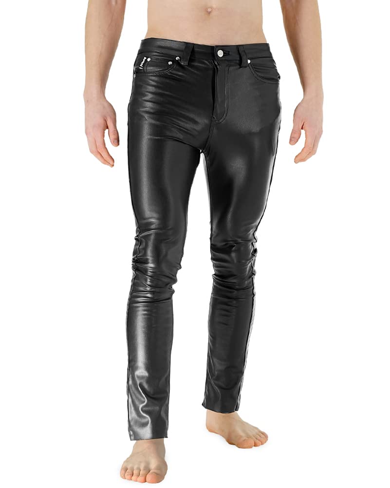 Bockle® F-Skinny Stretch Schwarze Herren Kunstleder Hose Lederhose Lederjeans, Size: 29W / 30L