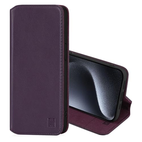 32nd Klassische Serie 2.0 - Lederhülle Case Cover für Apple iPhone 15 Pro Max (6.7"), Echtleder Hülle Mit RFID-Blockierung Kartensteckplatz, Magnetverschluss und Standfuß - Aubergine