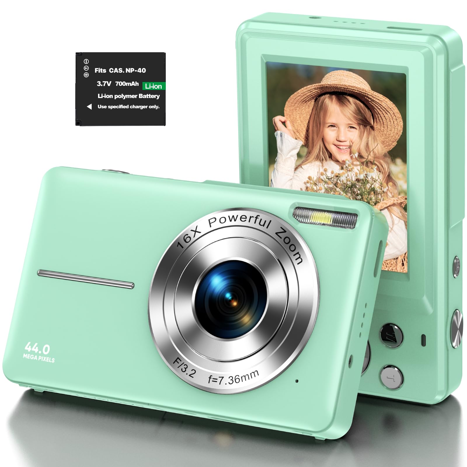 Digitalkamera 1080P Kinderkamera HD 44MP Fotokamera Kompaktkamera Fotoapparat Digitalkamera mit 2,4" LCD Bildschirm und 16X Digitalzoom für Kinder, Studenten, Anfänger-Grün (1 Batterie ohne Karte)