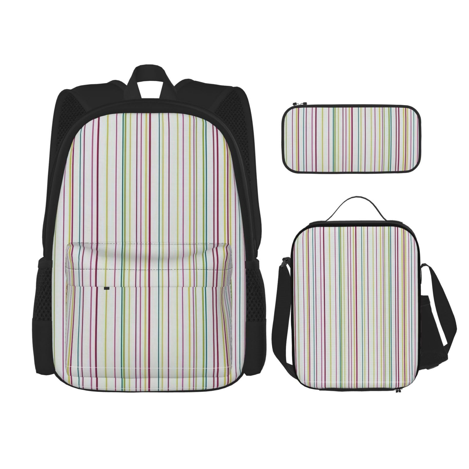 WURTON Gestreift.Print Trendy Rucksack Taschen Lunchbox und Federmäppchen 3 in 1 Verstellbarer Rucksack Set, Schwarz, One Size, Schwarz , Einheitsgröße