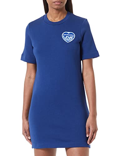 Love Moschino Women's Short-Sleeved t-Shape Customized with Embroidered Love Storm Knit Effect Heart Patch Dress, Blue, 42