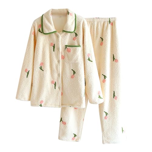 WANGTIANXUE Schlafanzug Damen Lang Flanell Pyjama Winter Warme Fleece Nachtwäsche Hausanzug Zweiteiliger mit Knöpfen Einfarbiger V-Ausschnitt Pyjamas Set Kuschelanzug Loungewear Freizeitanzug