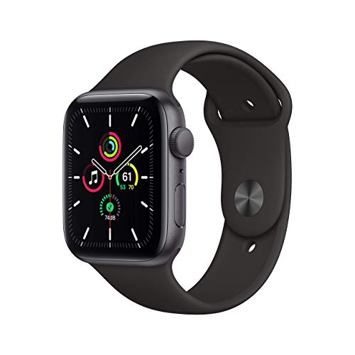 Apple Watch SE GPS, 44mm Space Gray Aluminium Case with Black Sport Band - Regular (Renewed)