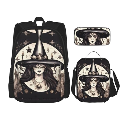 WURTON Magic Witch Witchcraft Bohemian Print Travel Lunch Box Pencil Case Backpack Set 3 Pieces Adjustable Straps Lightweight, Schwarz, Einheitsgröße