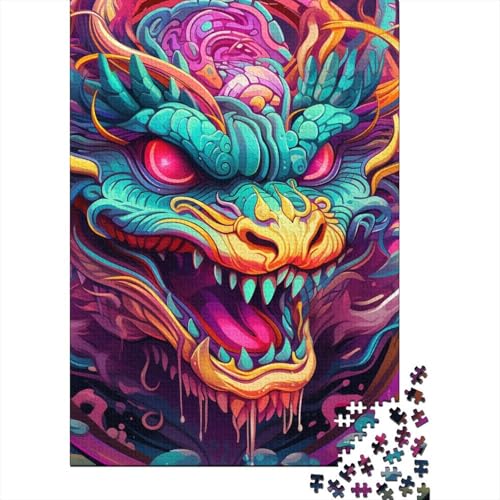 Psychedelic Art Dragon Holzpuzzle für Erwachsene, Kunstpuzzle für Erwachsene, 1000 Teile, ganze Familie und die 29,53x19,69 Zoll