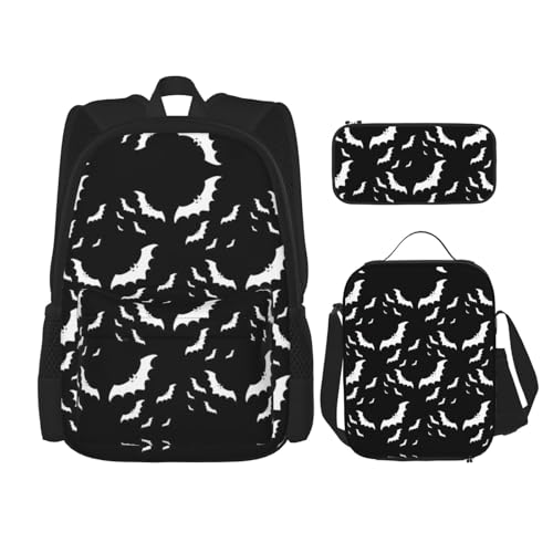 WURTON Halloween Fliegende Fledermäuse Druck Verstellbare Schultergurte Rucksack Set Mittagessen Tasche Federmäppchen Kombination Taschen Set