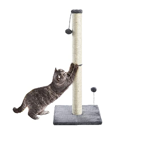 Kratzbretter Katze,Kratzbaum für Katzen 79cm Kratzsäule Natural Sisal Seil Pole mit hängendem Ball, weicher Plüsch (Grey)