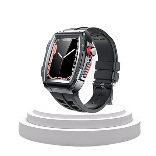 TONECY Apple Watch Gehäuse 44 mm 45 mm, Edelstahl-Modifikationsset, Metallgehäuse, Gummiband, Uhrenarmband für iWatch Serie 8, 7, 6, 54 SE (Farbe: Schwarz R-B, Größe: 45 mm)