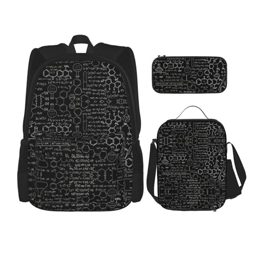 WURTON Abstrakte Wissenschaft Chemie Illustration 3D-Druck Schulter Rucksack 3 in 1 Büchertasche Set Lunchbox Federmäppchen Reise Laptop Tagesrucksäcke, Schwarz, Einheitsgröße