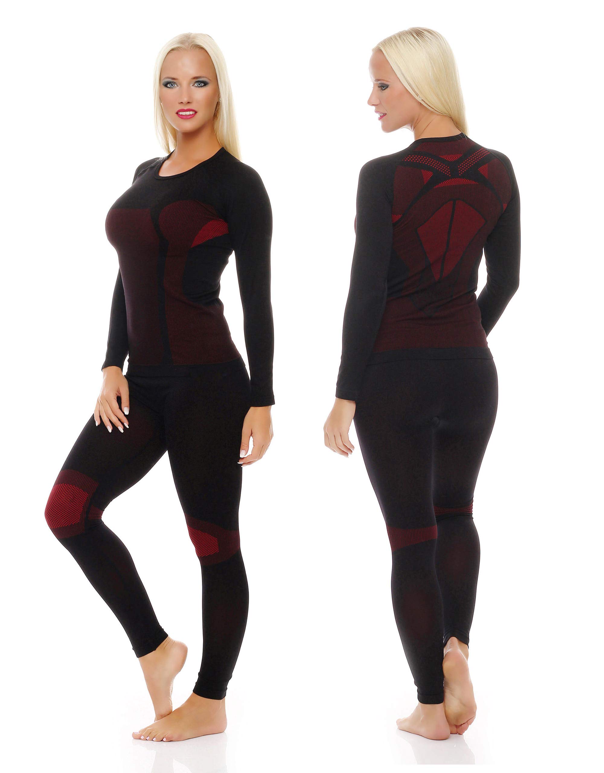 kiunterwäsche für Damen als Hemd-Hose-Set oder 2 Hemden oder 2 Hosen auswählbar, Lang oder Kurz-Arm, funktionelle Thermowäsche seamless ohne störende Nähte, 1x Set Langarm Schwarz/Rot, Large / X-Large