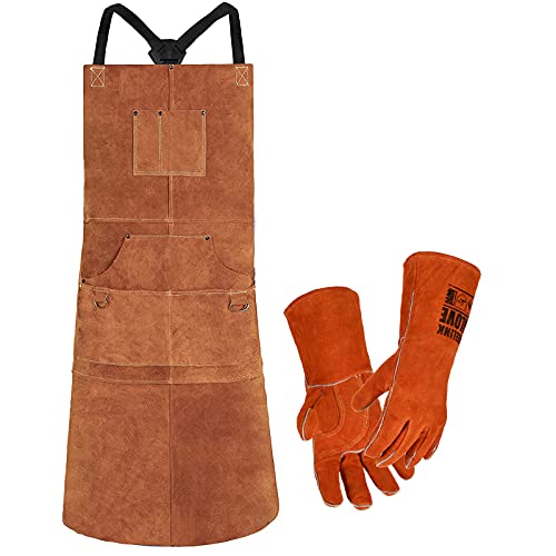 QeeLink Lederschürze mit Lederhandschuhen, 106,7 cm Leder-Holzschürze mit 6 Werkzeugtaschen, robuste Schweißschürze für Männer und Frauen, hitzebeständig, Werkstattbedarf, braun, 42'' with Gloves