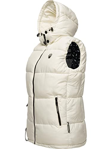 MARIKOO Damen Steppweste Winter-Weste mit Abnehmbarer Kunstfell-Kapuze Eisflöckchen Offwhite Gr. M