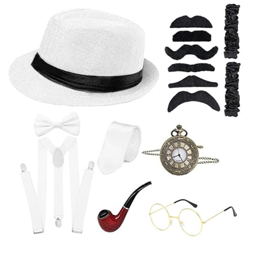 MEELYHOME Modisches Gangster-Kostüm, 1920er-Jahre-Rollenspiel-Kostüm, Outfit mit Taschenuhr, Schnurrbärte, Fliege, Abschlussball, Partyzubehör, Hochzeitszubehör