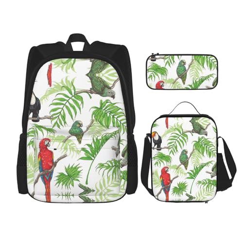 WURTON Schulrucksack-Set mit Papageienvögeln und tropischem Baum, 3-in-1-Büchertaschen-Set mit Lunchbox, Federmäppchen, Reise-Laptop-Tagesrucksäcke