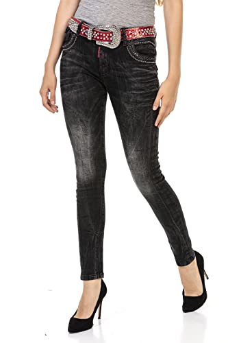 Cipo & Baxx Damen Jeanshose Stickerei Denim Slim Fit Nieten Pants Jeans WD468 Schwarz W30 L32