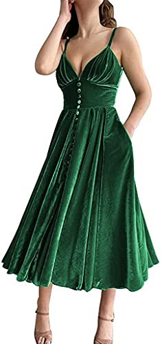 Samt Brautjungfernkleider für Damen V-Ausschnitt Spaghetti Off Shoulder Homecoming Gown mit Taschen, grün, 40