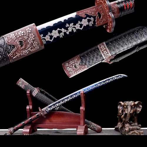 MAUXpIAO 88 cm Dark Dragon Soul Katana, Hülle aus massivem Holz mit Lederumwicklung und Klinge aus Manganstahl, handgefertigtes Samurai-Schwert für Kendo, Laido, Cosplay, Display, Dekor, Sammeln, Brau