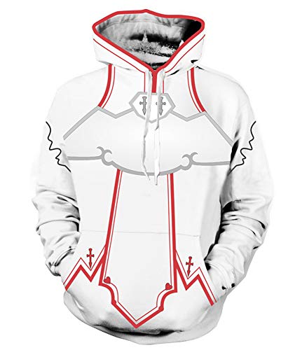 QYIFIRST Unisex 3D Druck Anime Kapuzenpullover Sweatshirt SAO Yuuki Asuna Cosplay Kostüm mit Taschen Weiß 5XL (Chest 125cm)