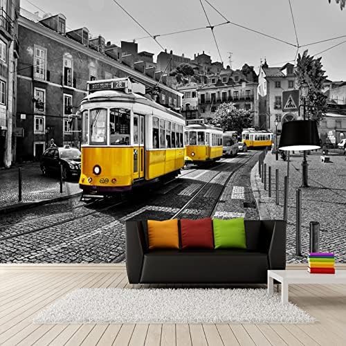 XLMING Vintage Street Gelbe Straßenbahn Schwarz Und Weiß Städtische Architektur Cafe Restaurant Dekoration 3D Tapete Home Dekoration Wohnzimmer Sofa Schlafzimmer Tv Hintergrund Wand-300cm×210cm