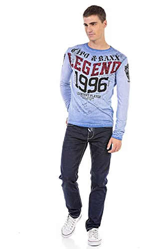 Cipo & Baxx Herren Langarmshirt Longsleeve Batikwaschung Frontprint Sweater CL486 Blau L