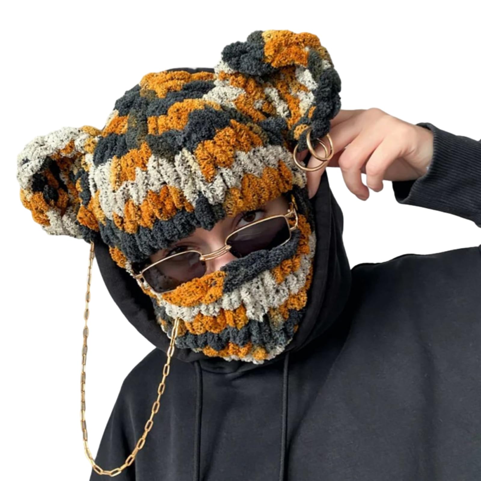 LIbgiubhy Bärenhut Halloween Hut Kopfbedeckung für Draußen Gestrickte Panda Ohren Chenille Garn Große Gestrickte Ohren Winter