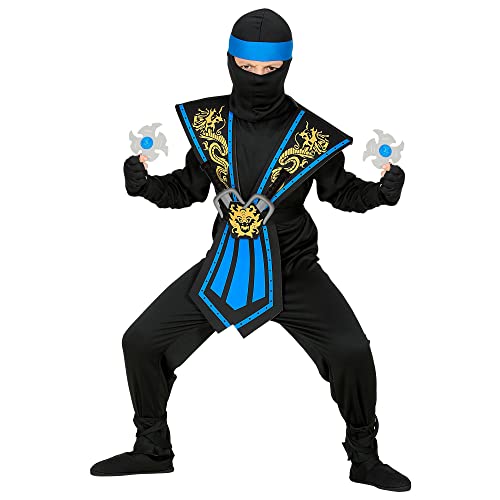 "BLUE KOMBAT NINJA WITH WEAPONS" (JUMPSUIT, CHESTPIECE, BELT, ARM & LEG TIES, MASK, HEADBAND, GLOVES, 2 NINJA DAGGERS, 2 NINJA THROWING STARS) - (158 cm / 11-13 Years)