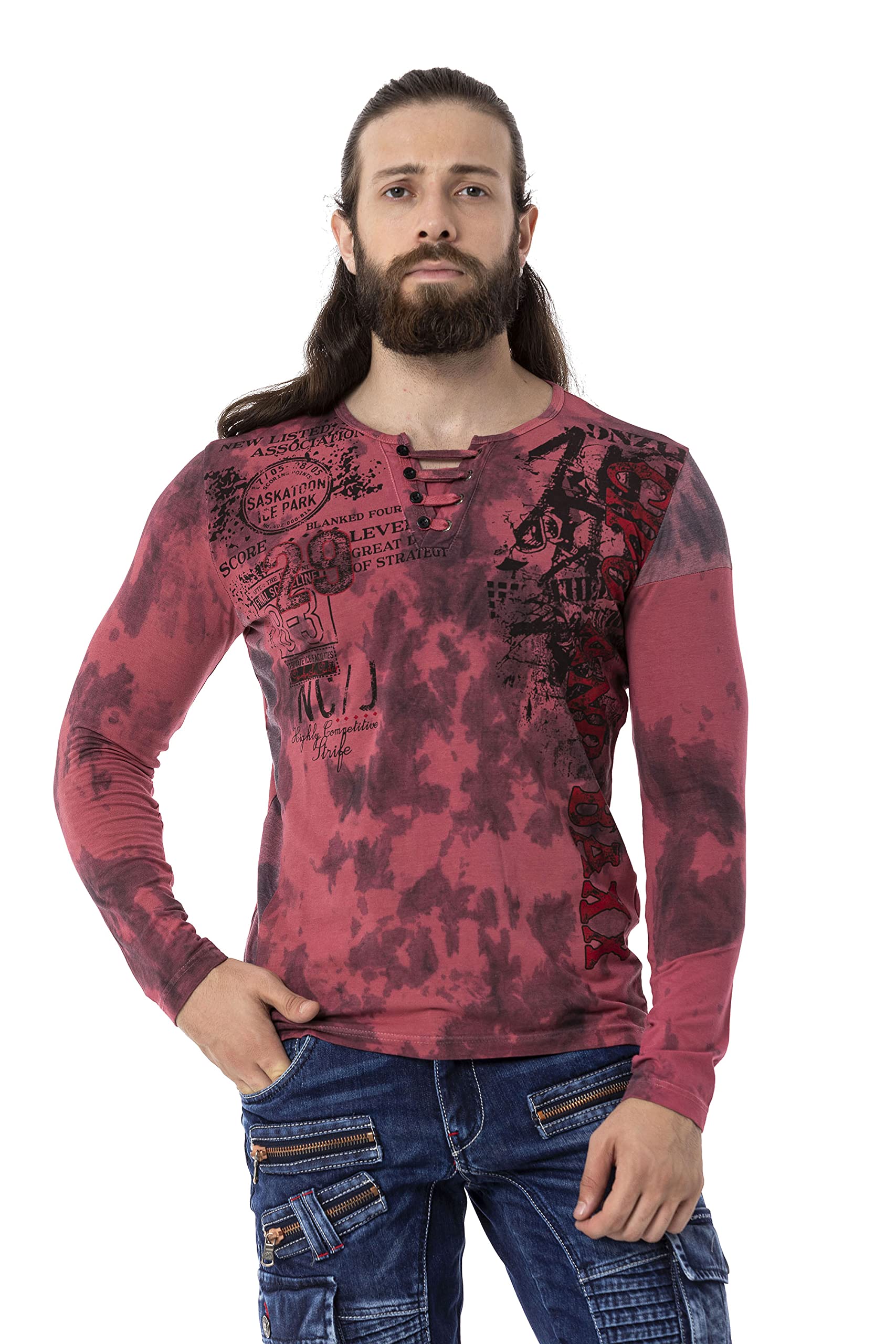 Cipo & Baxx Herren Langarmshit Sweatshirt Sweater Longsleeve Print Batik CL524 Burgundy M