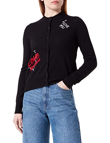 Love Moschino Women's Regular fit Long-Sleeved, 12 Gauge, with Mix of Embroidery. Cardigan, Black, 40