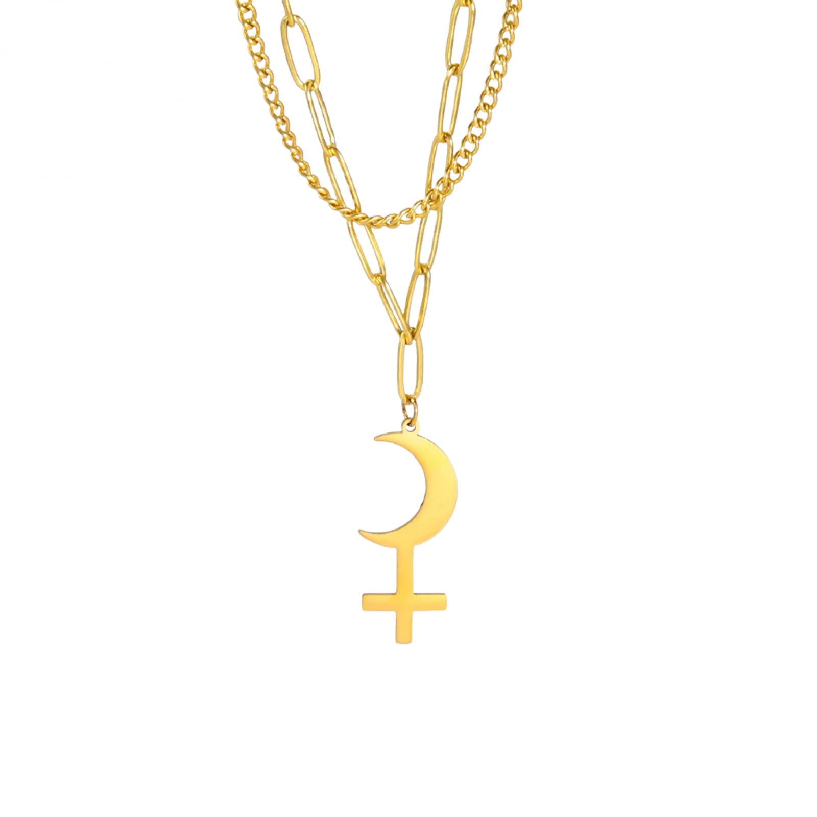 GZHENGZG Lilith Mond Halbmond Kreuz Charme Astrologie Symbol Wicca Anhänger Halskette Doppelschicht Schmuck Herren Halskette Damen Halskette Doppelschicht Halskette