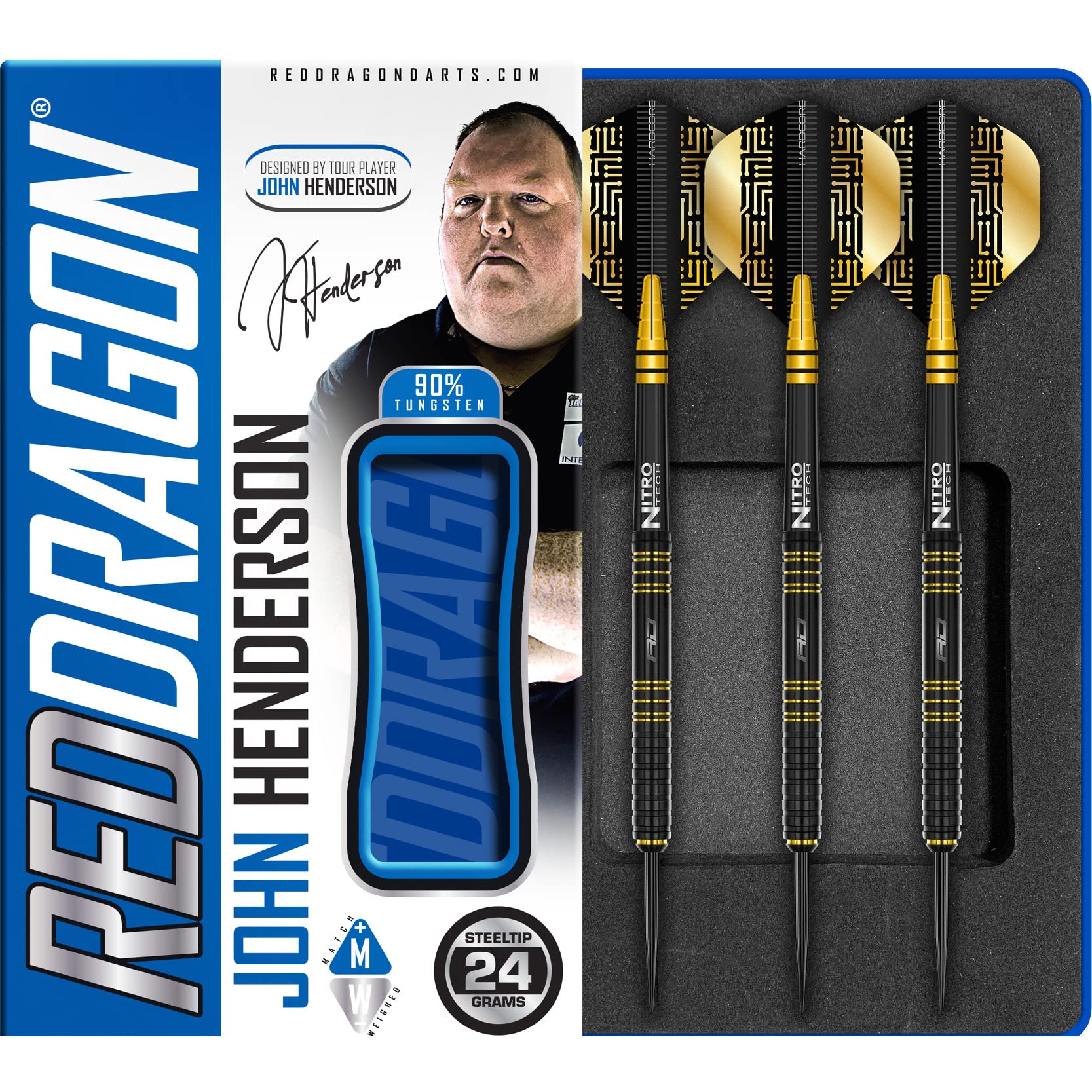 RED DRAGON John Henderson 24 Gramm Premium Tungsten Darts Set mit Flüge und Stielen