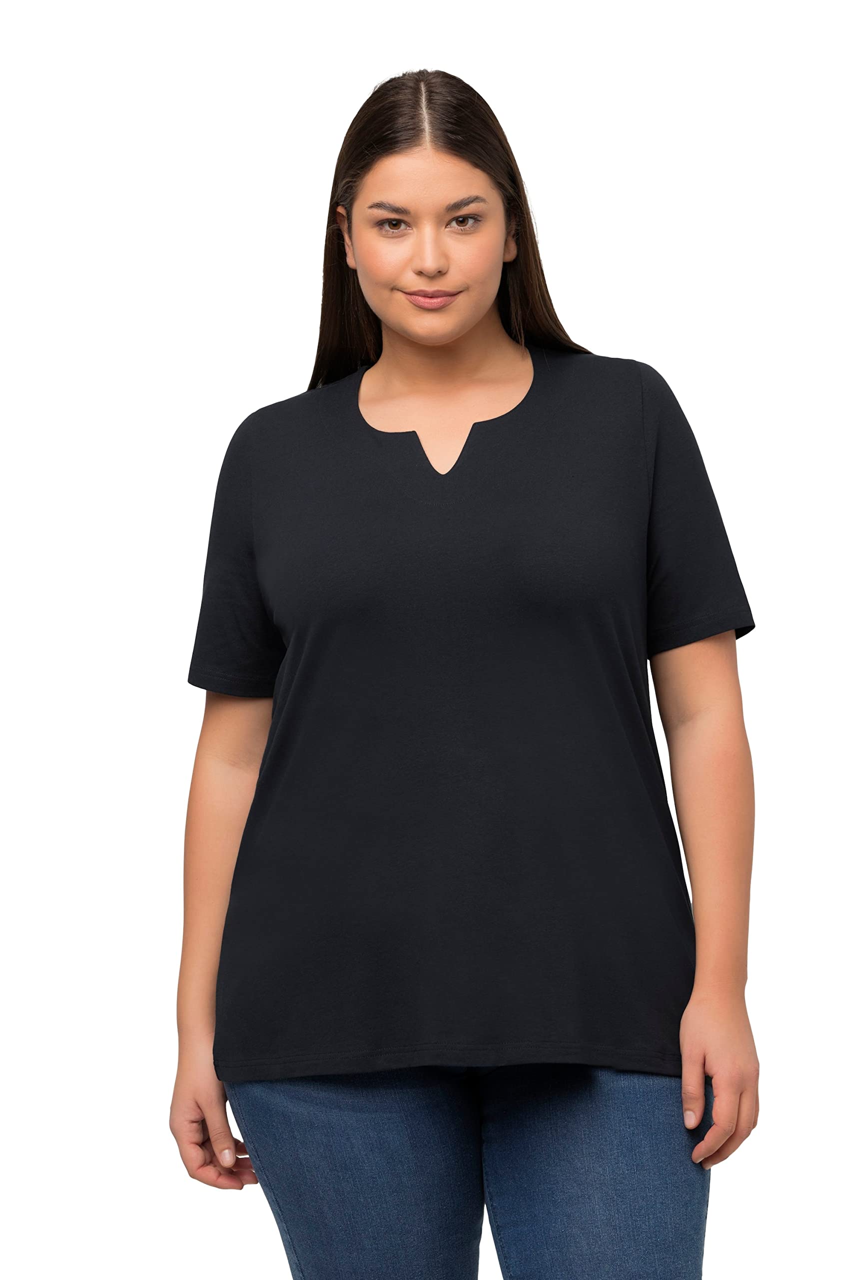 Ulla Popken Damen, A-Linie, Tunika-Ausschnitt, Halbarm T-Shirt, Marine, 62-64