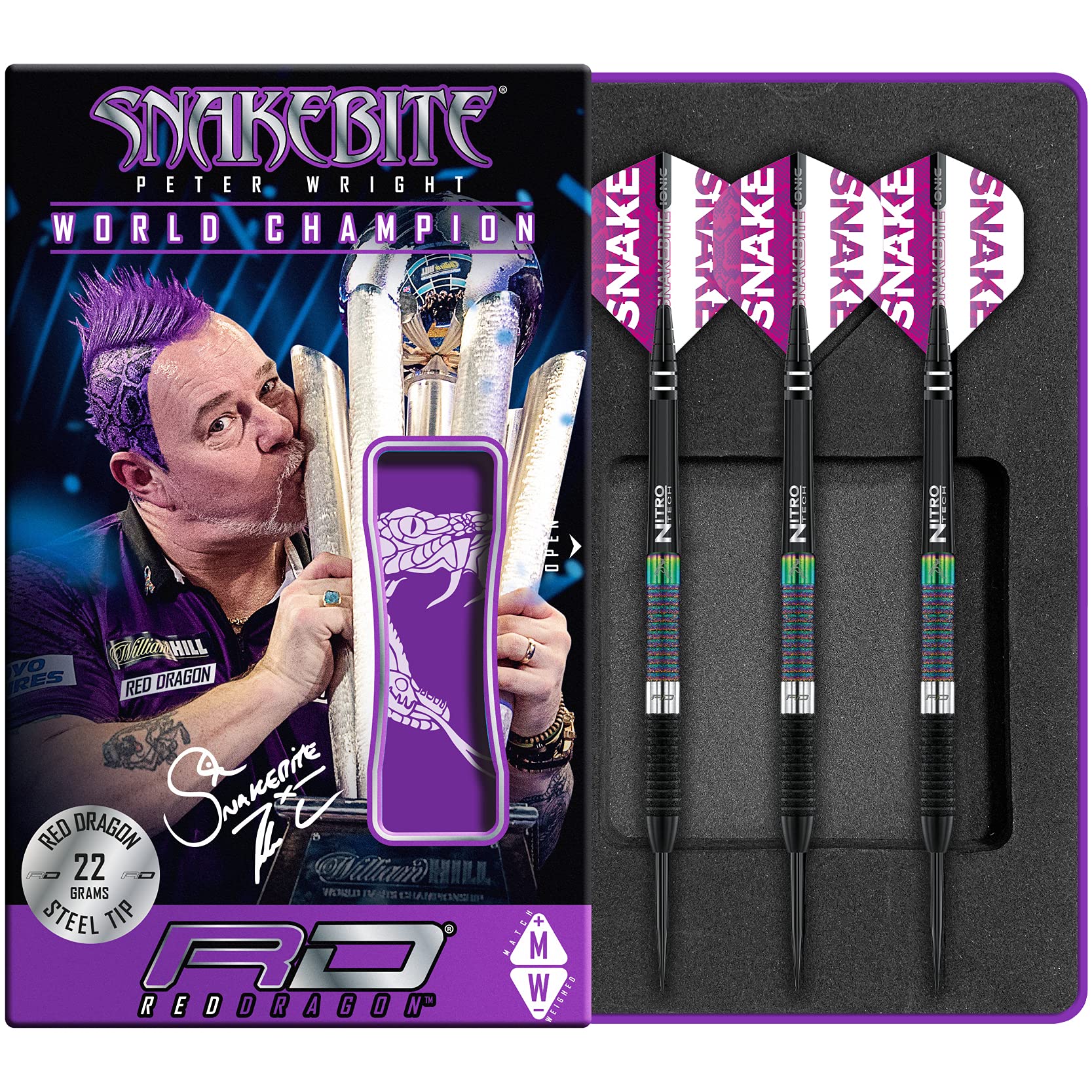 Peter Wright Snakebite World Champion Diamond Fusion SE 22 Gram Professionelles Dart-Set mit Flights and Shafts (Stems)