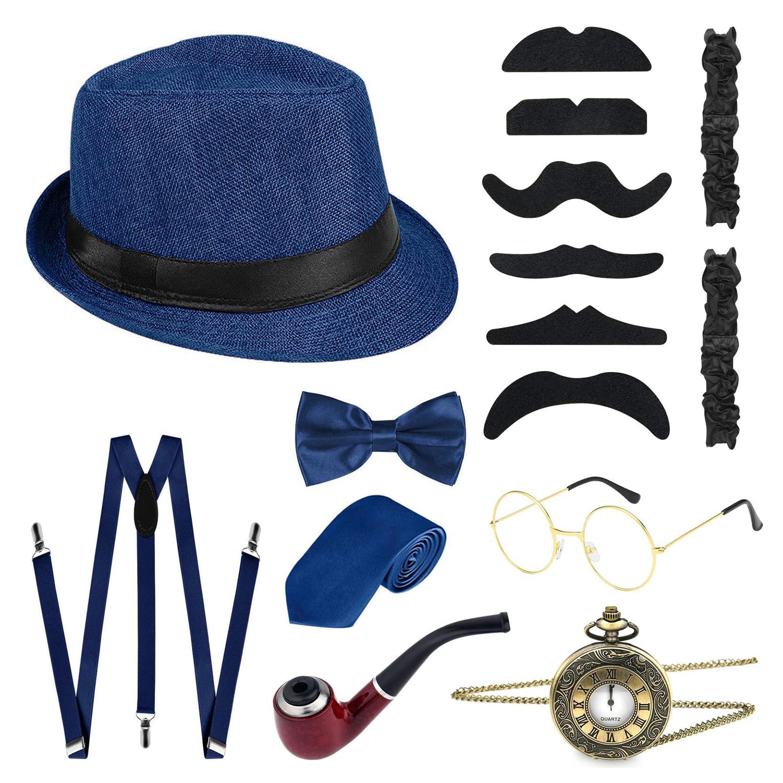 HDKEAN Modisches Gangster-Kostüm, 1920er-Jahre-Kostüm, Outfit mit Taschenuhr, Schnurrbärte, Fliege, Abschlussball, Partyzubehör, Maskeraden, Partyzubehör