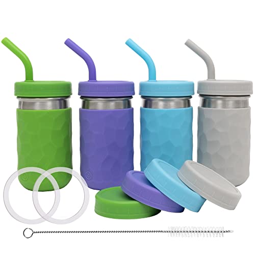 WeeSprout 2-in-1-Trinkbecher für Kinder, langlebiger Edelstahlbecher für Smoothies, Silikon-Trinkhalme mit Stopper, Premium-Kunststoff-Drehdeckel, griffige Hüllen, Set mit 4 spülmaschinenfesten