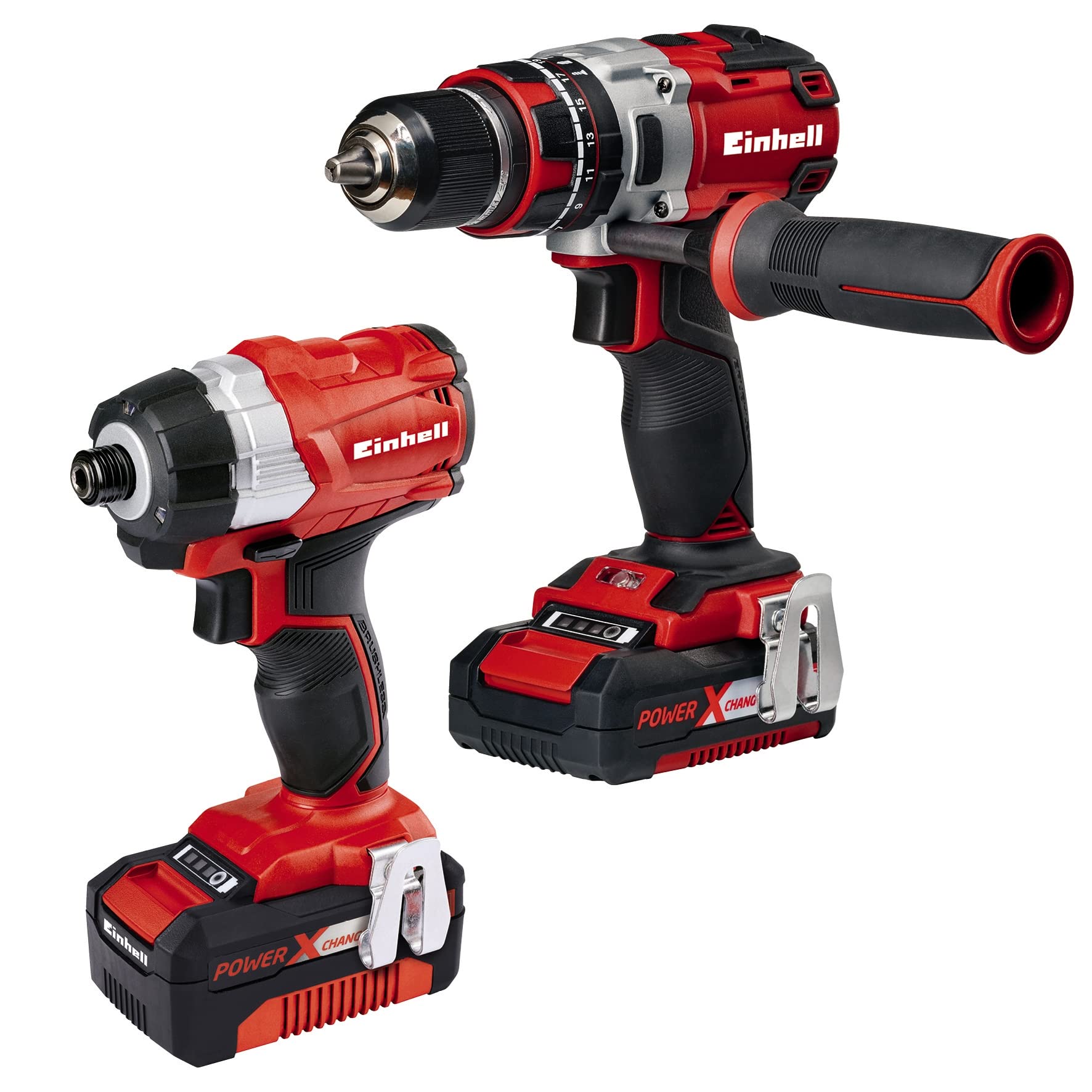 Einhell 4257216 Maschinen/Werkzeug-Set (TE-CD 18 Li-i Brushless, TE-CI 18 Li Brushless inkl. Tasche, 2 Akkus (2,0 und 4,0 Ah) und Schnellladegerät)