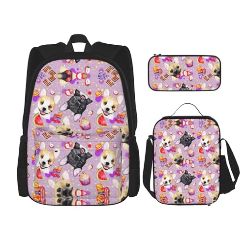 WURTON Schulrucksack-Set mit französischer Bulldogge, 3-in-1, mit Lunchbox, Federmäppchen, Reise, Laptop, Tagesrucksack