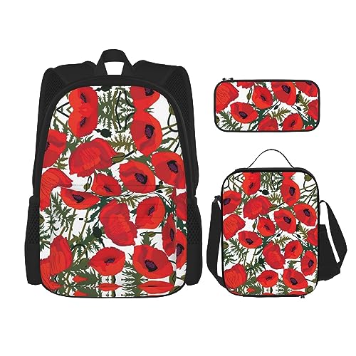 WURTON 3-in-1 Büchertaschen-Set, Blumenmuster, verstellbarer Schulter-Rucksack, Lunch-Tasche, Federmäppchen, Beutel, Schwarz, Einheitsgröße