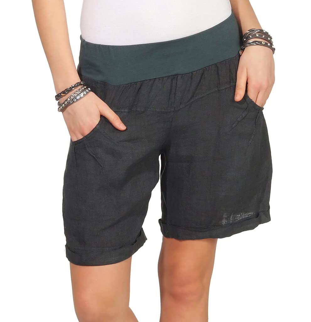 Mississhop 276 Damen Leinenshorts Bermuda lockere Kurze Hose Freizeithose 100% Leinen Shorts Elegante Haremshose mit Knöpfen Sommer Strand Graphit 2XL