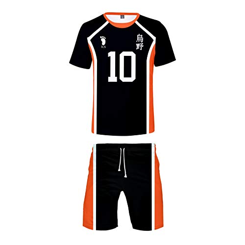 QYIFIRST Unisex 3D Druck Anime Kurzarm Hemd Kurze Hose Strandhose Jersey Set Karasuno High School Volleyball Club Hinata Shoyo No.10 Cosplay Kostüm für Herren Damen Schwarz 4XL(Chest 122cm)