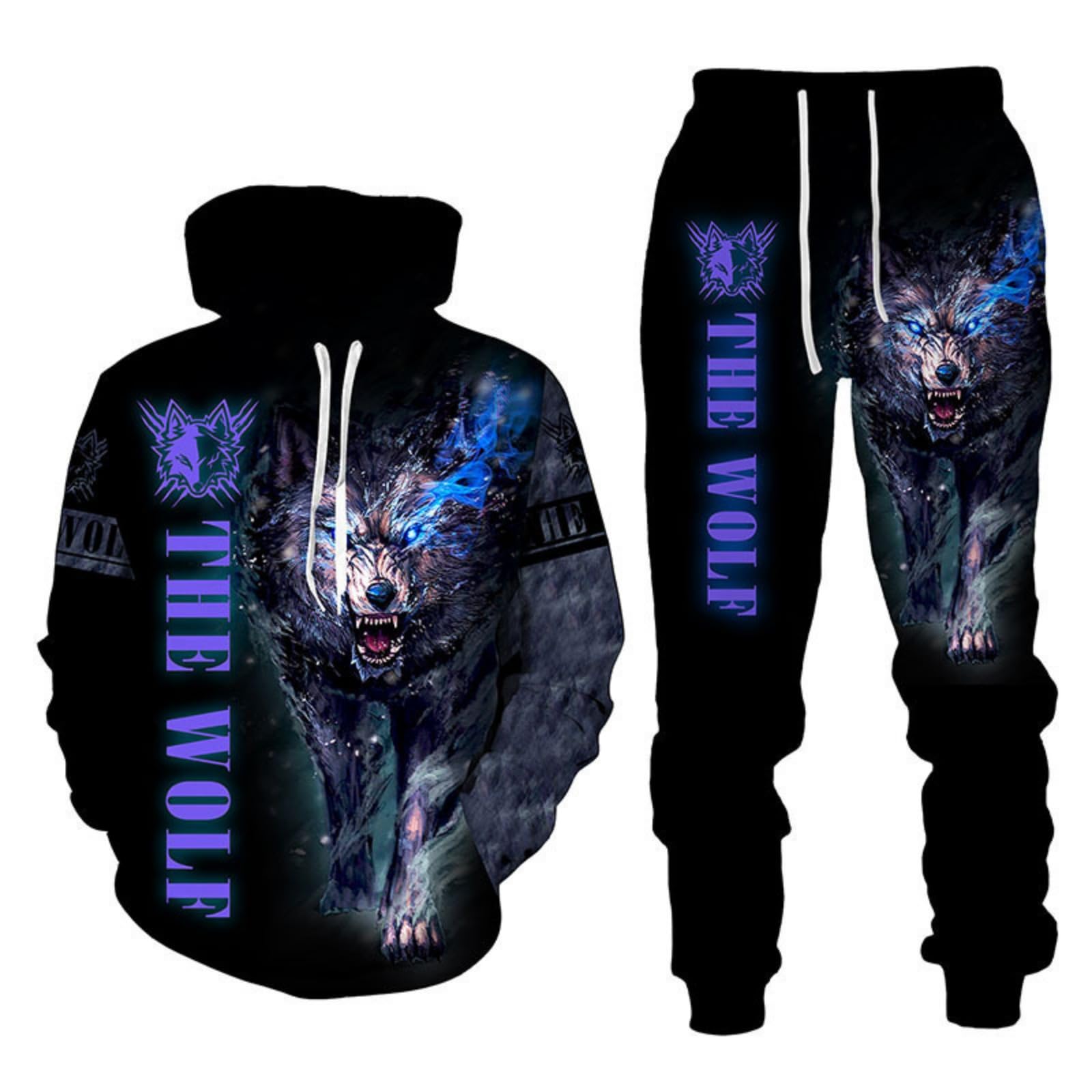 RIAAJ 3D wolf Druck Hoodie Herren Jogginganzug Unisex Sweatshirts Hoody + Hose Sets (A5,2XL)