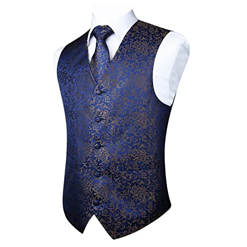 Enlision Anzugweste Navy blau Herren Hochzeit Paisley Westen & Krawatte Einstecktuch Party Floral Jacquard Anzug Weste Set XL